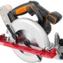 Worx Akku-Handkreissäge WX530.9 20V mit roter Führungsschiene für präzise Schnitte.