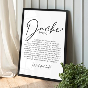Gerahmtes Poster "Danke Papa" 13x18 cm, Geschenkidee mit liebevollem Text im schwarzen Bilderrahmen.