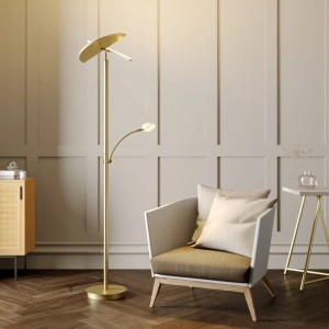 Moderne, dimmbare LED Stehlampe Anniki in Gold/Messing, 3-flammig für Wohnzimmer.