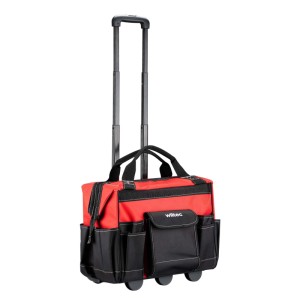 Roter Wiltec Werkzeugtrolley mit schwarzem Boden, ausziehbarem Griff, Rollen und vielen Fächern für Werkzeuge.