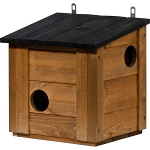 Eichhörnchen Kobelbraun aus Holz mit schwarzem Dach und runden Eingängen für den Garten.