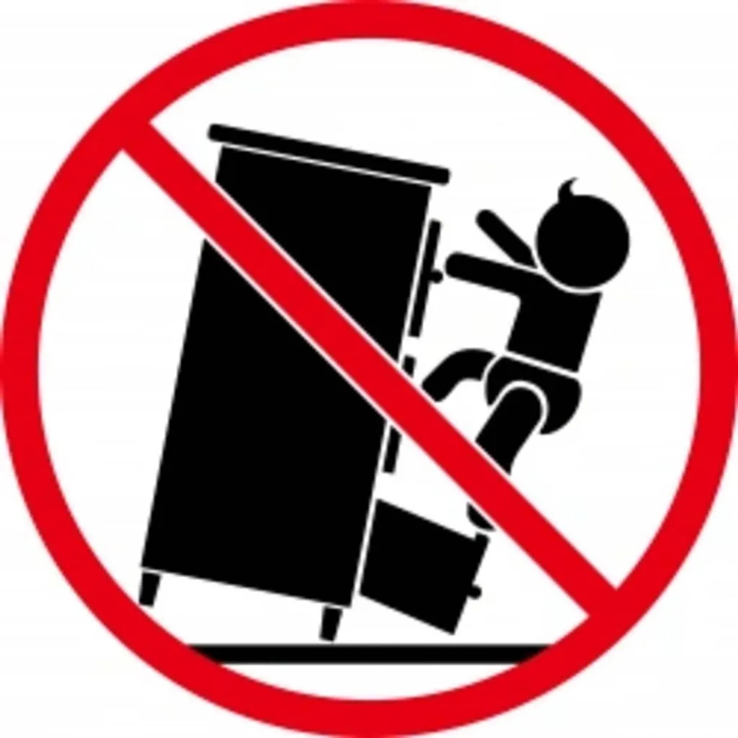 Symbol: Kind klettert auf Werkzeugschrank, rot durchgestrichen. Kippgefahr!