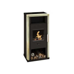 Wamsler Yuna Kaminofen, 6 kW, Sandstein/Schwarz, mit Holzfach und brennendem Feuer.