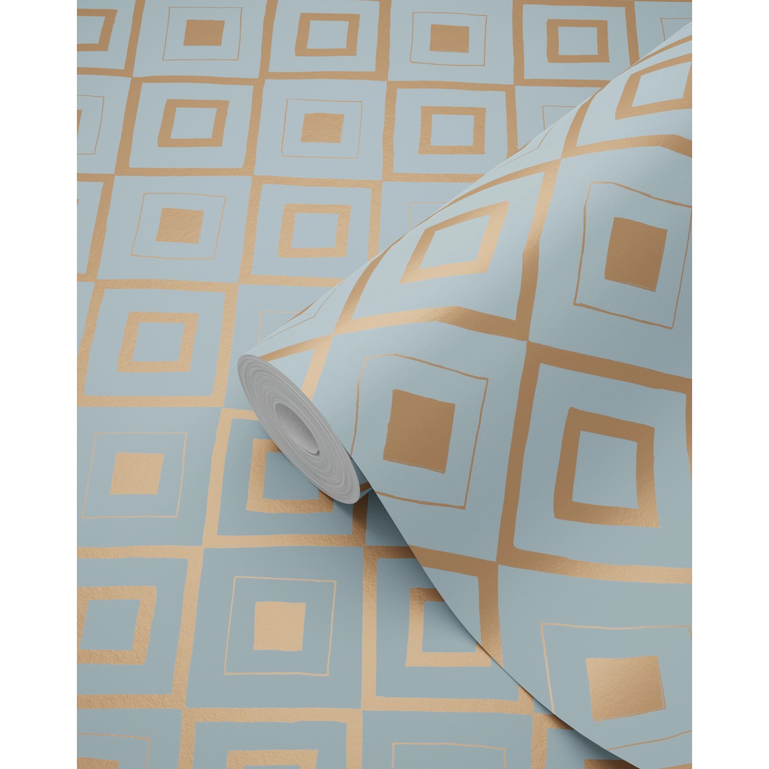 ESTAhome Vliestapete mit blau-kupferfarbenem Karomuster im Vintage-Stil.