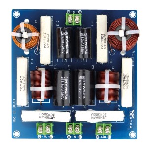 Dynavox 3-Wege Frequenzweiche 3W300, passive Weiche mit blauer Platine und elektronischen Bauteilen.