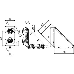 Fath Aluwinkel 80x40x80mm für Item System Nut 8. Technische Zeichnung mit Detailansichten und Maßen.