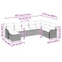 Beiges 9-teiliges vidaXL Garten-Sofa-Set aus Poly Rattan mit Kissen, modulare Bauweise, Maße eingezeichnet.