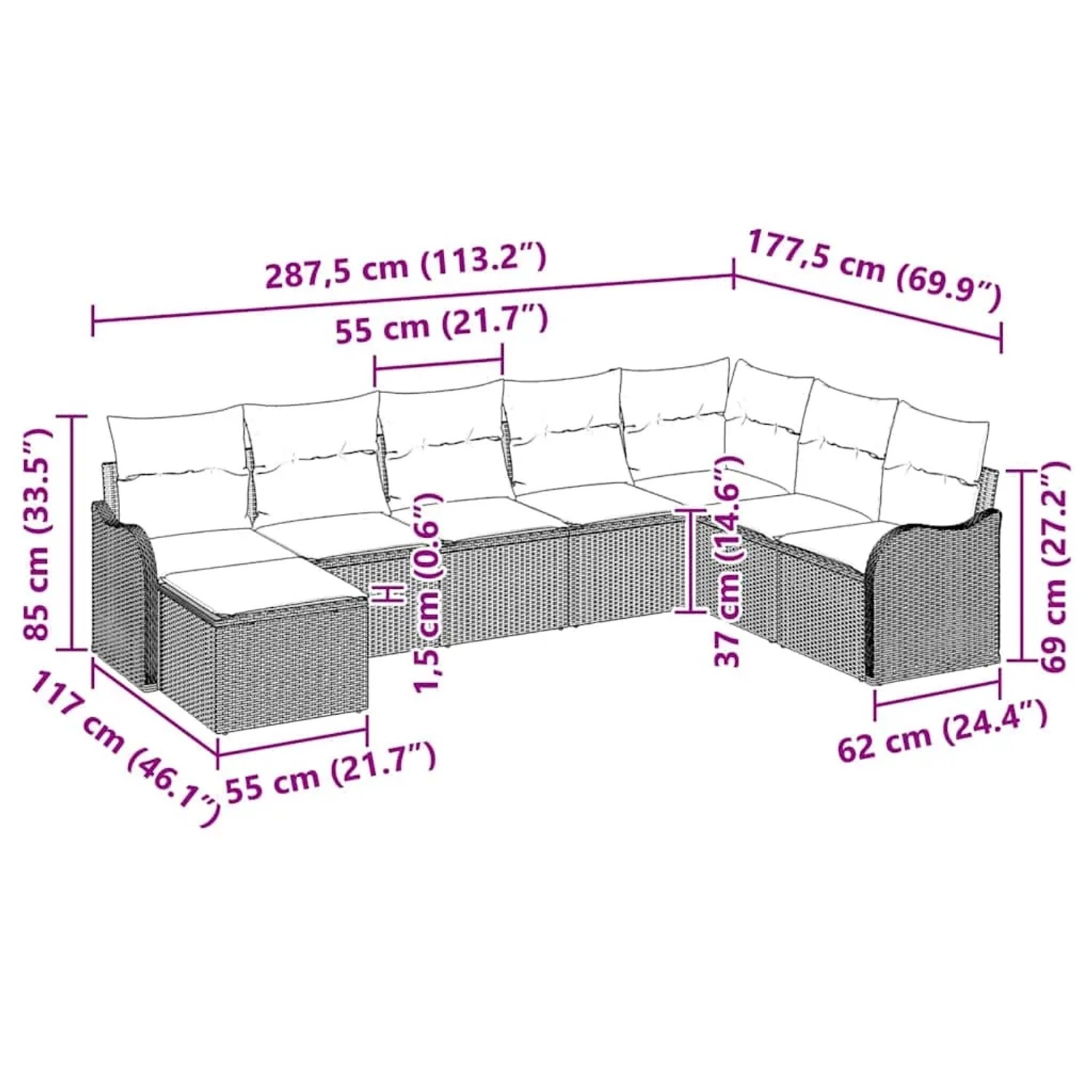 Beiges 9-teiliges vidaXL Garten-Sofa-Set aus Poly Rattan mit Kissen, modulare Bauweise, Maße eingezeichnet.