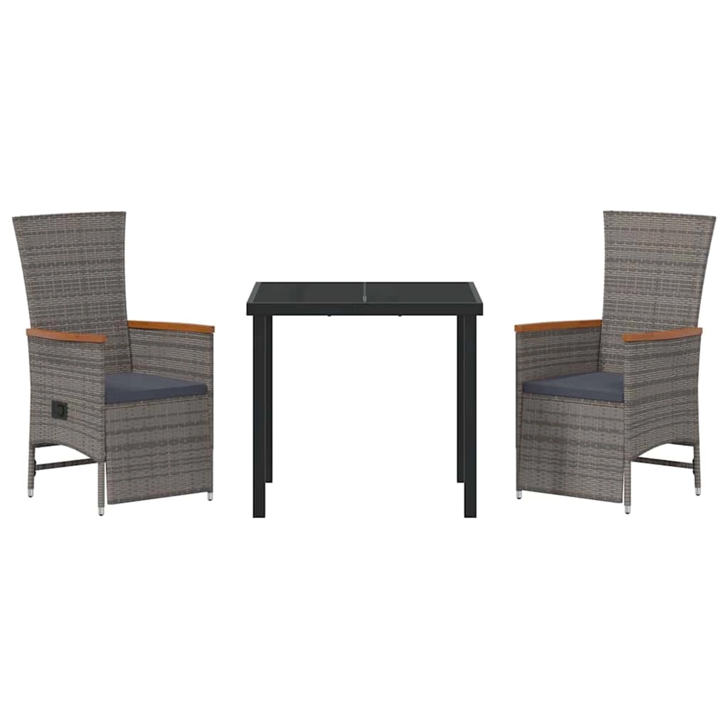 Graue 3-tlg. vidaXL Garten Essgruppe aus Polyrattan mit Tisch und Stühlen.