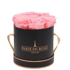 Rosenbox mit 9 rosa Rosen in schwarz-roségoldener Box (Ø 14,5 cm).