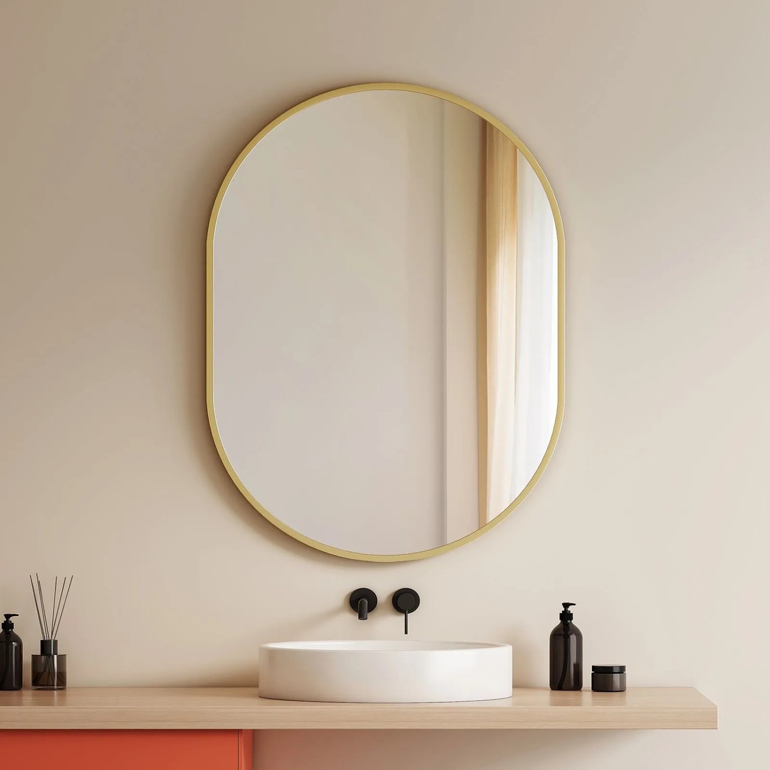 Emke Ovaler Badspiegel 60 x 80 cm Wandspiegel Gold Metall Badezimmerspiegel_3