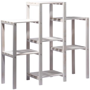 Dekoratives, weißes Blumenregal mit 7 Ablageflächen aus Kiefernholz für Garten und Innenbereich.