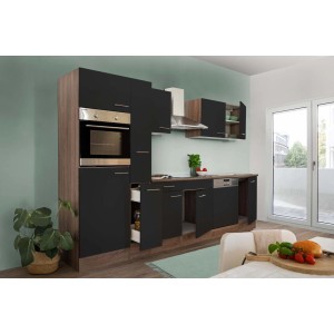 Respekta Küchenzeile 310 cm in Schwarz Seidenglanz und Eiche York Dekor ohne E-Geräte.