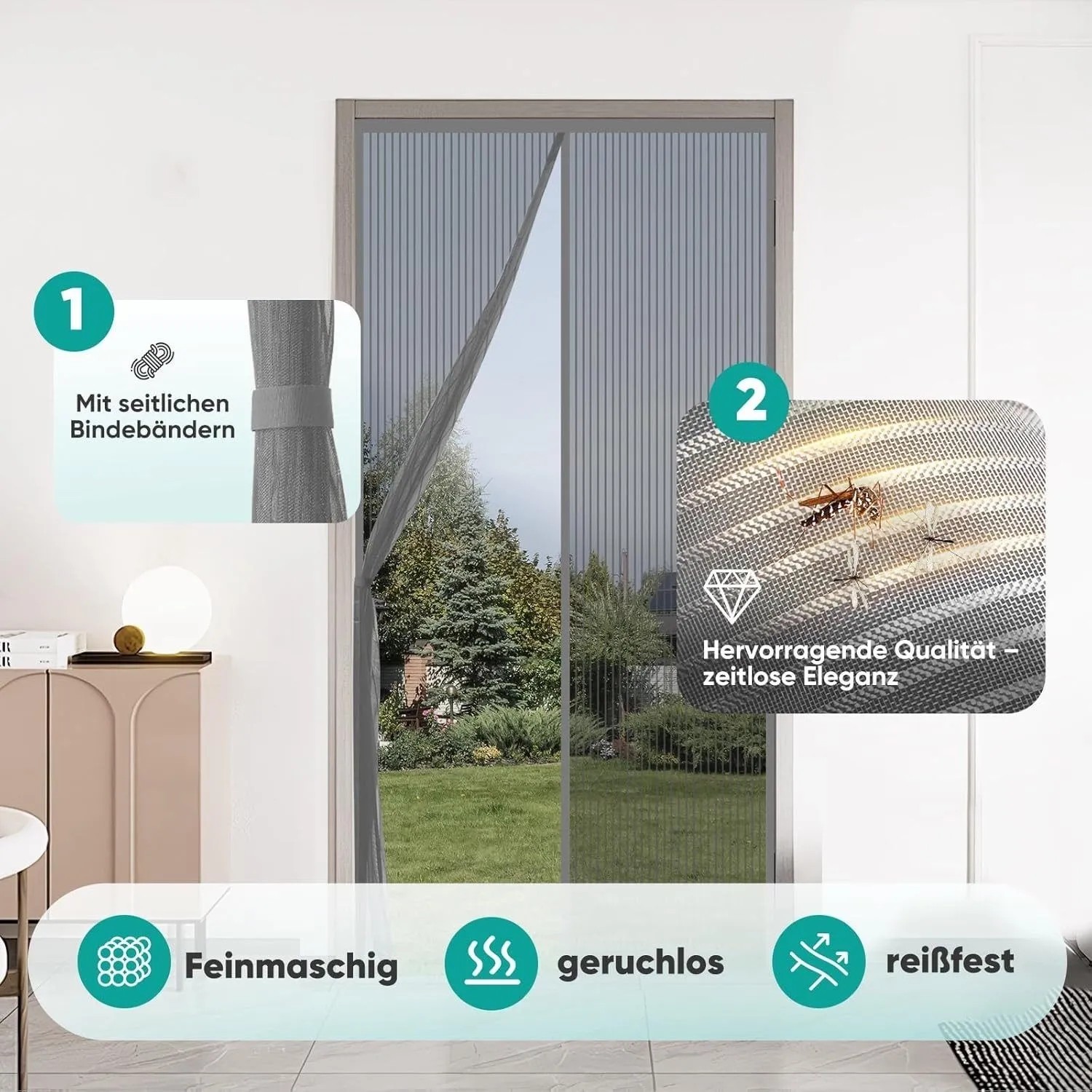 Grauer Sekey Insektenschutz-Türvorhang für Balkontür, feinmaschig, katzensicher. Mit Magnetverschluss und Bindebändern.