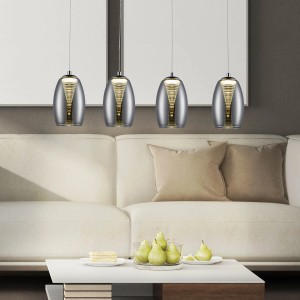 Moderne 5-flammige LED-Pendelleuchte Metropolis mit Chrom und Rauchglas über Wohnzimmer.