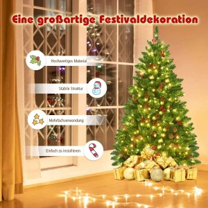 Grüner künstlicher Weihnachtsbaum, 135cm, mit warmweißen LEDs, roten Beeren und Zapfen, festlich dekoriert.