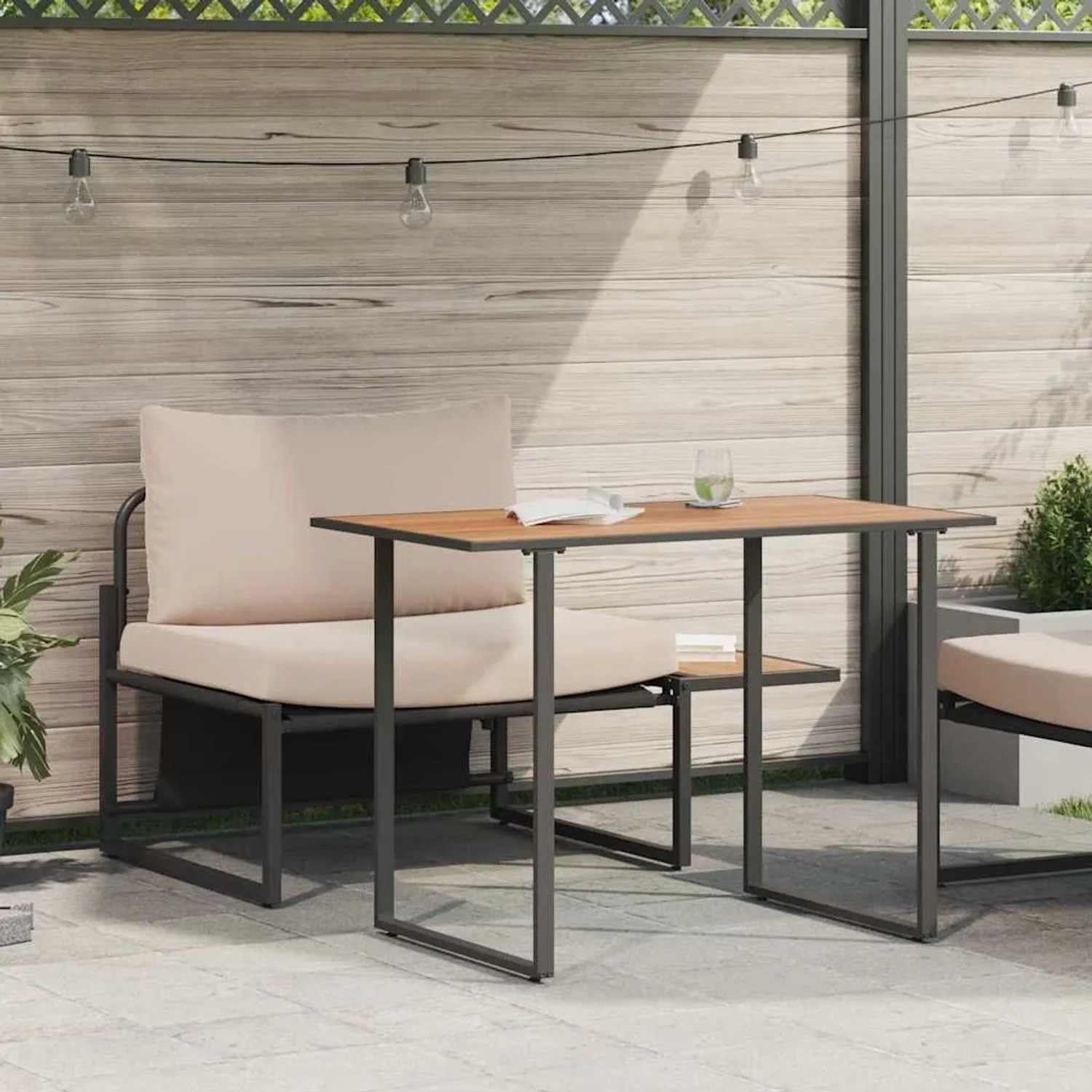 vidaXL Garten Essgruppe, 2-tlg., Taupe, Stahl. Tisch und Stühle mit Akazienholzplatte und Sitzkissen.