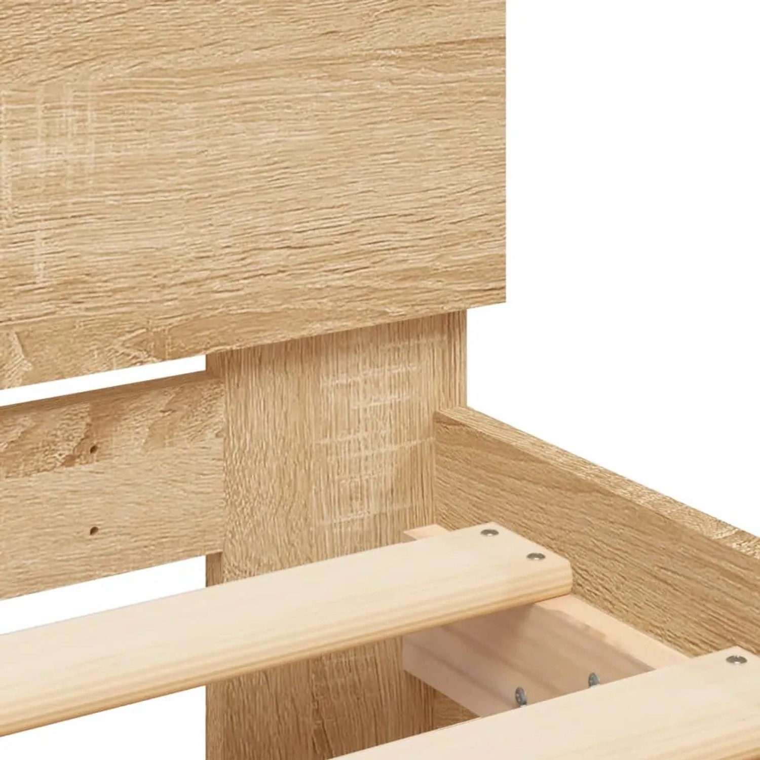 Detailansicht Bettgestell Sonoma-Eiche, Holzwerkstoff, Lattenrost sichtbar.