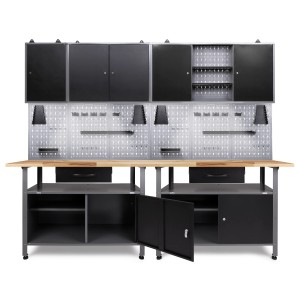 Ondis24 Werkbank Set Klaus mit 3 Schränken, Lochwand und LED-Beleuchtung für die Werkstatt.