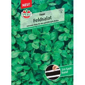 Sperli Feldsalat Favor Samenpackung mit Saatband, dunkelgrüne Blätter.