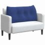 Polizeiblaues Samt-Rückenkissen mit Knopfheftung auf weißem Sofa. Komfortables Kissen für Wohnzimmer & Schlafzimmer.