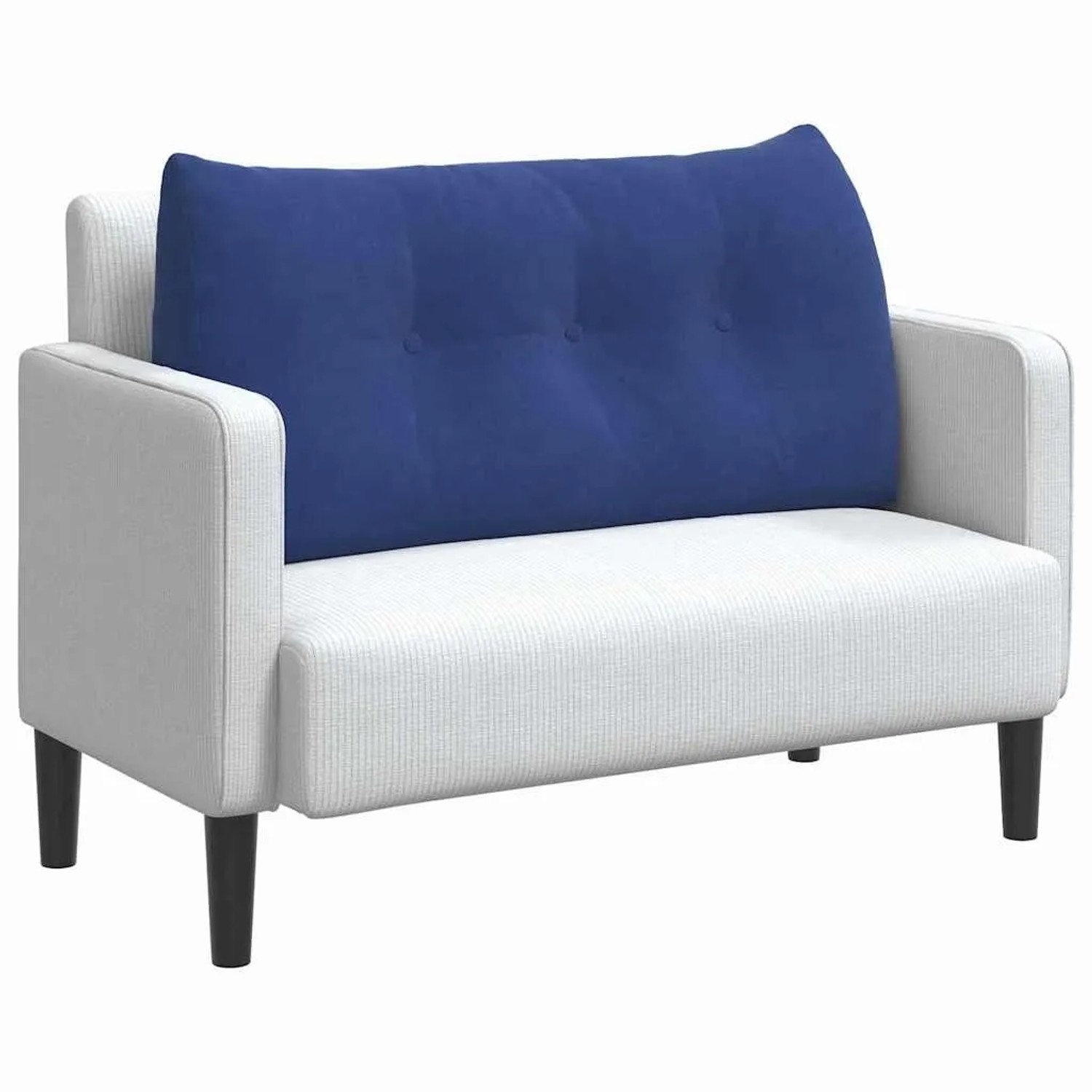 Polizeiblaues Samt-Rückenkissen mit Knopfheftung auf weißem Sofa. Komfortables Kissen für Wohnzimmer & Schlafzimmer.