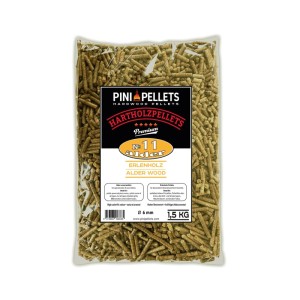 Transparenter Beutel PINI Erlenholz Grillpellets, 1,5 kg, 6 mm Durchmesser, für BBQ und Smoker.