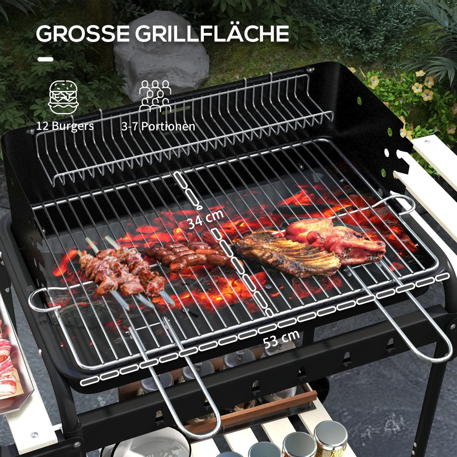 Outsunny Holzkohlegrill mit Grillrost und Ablagen aus Kiefernholz. Grillfläche mit Speisen.