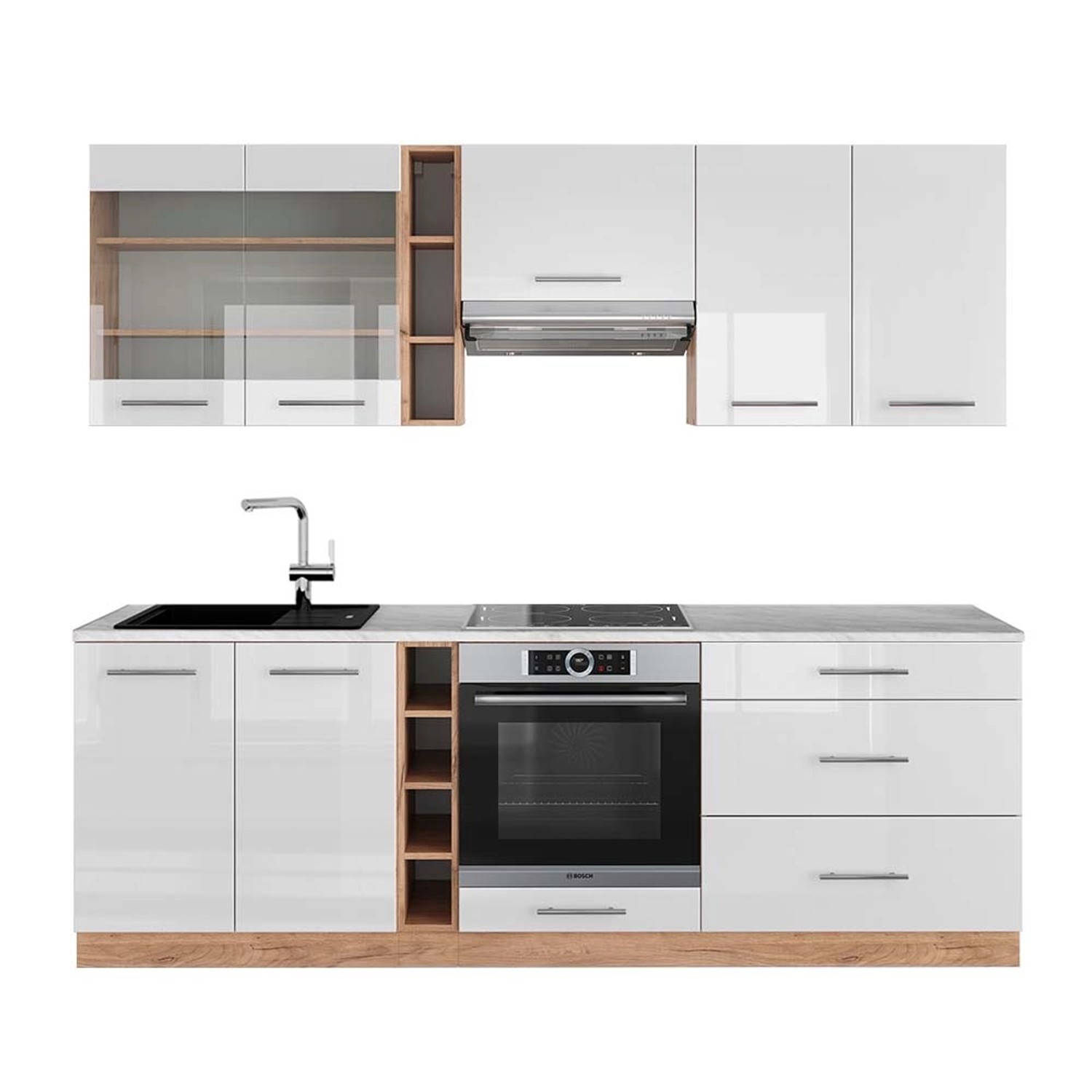 Vicco Fame-Line Küchenzeile Weiß Hochglanz/Goldkraft Eiche 235 cm AP Marmor günstig online kaufen