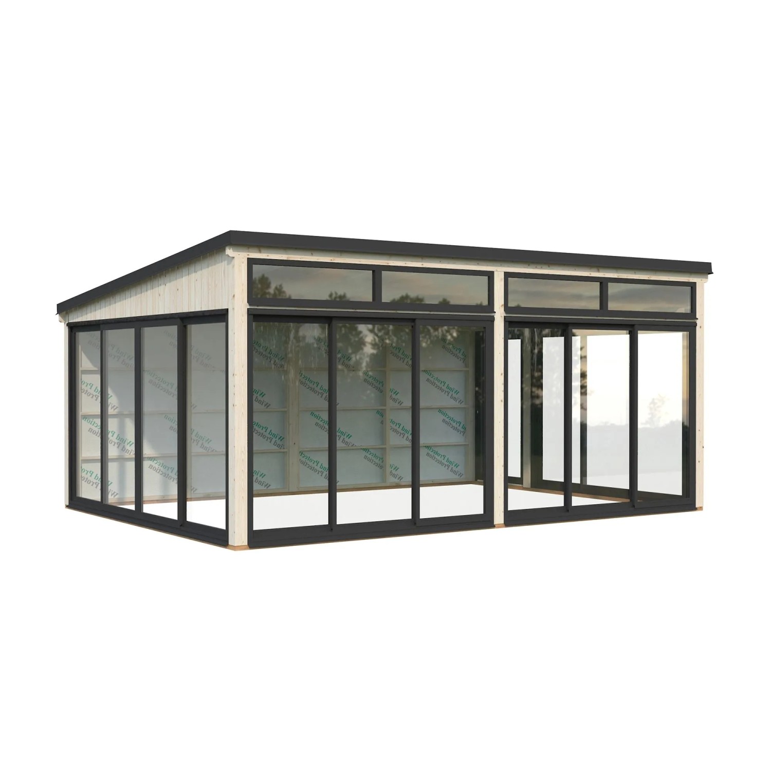 Palmako Holz-Gartenhaus mit Pultdach, unbehandelt, 582x420 cm. Modernes Design mit viel Glas.