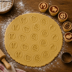 5 Holz-Teigstempel mit Ostermotiven wie Hase, Schaf, Ei auf ausgerolltem Teig. Ideal für Backen und Basteln.