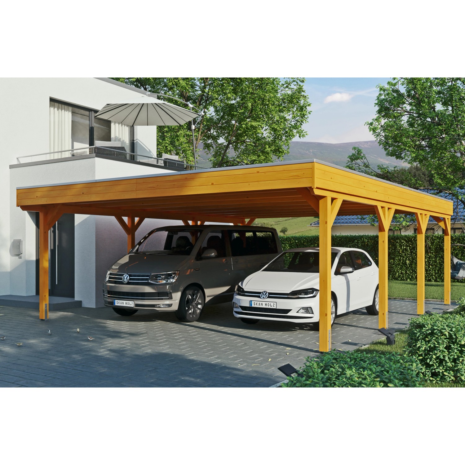 Skan Holz Carport Grunewald 622 cm x 796 cm mit Aluminiumdach Eiche Hell günstig online kaufen