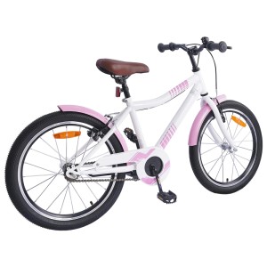 Hellrosa Kinderfahrrad, 24 Zoll, für 8-12 Jahre. Weißer Rahmen mit rosa Details, Schutzblechen und braunem Sattel.