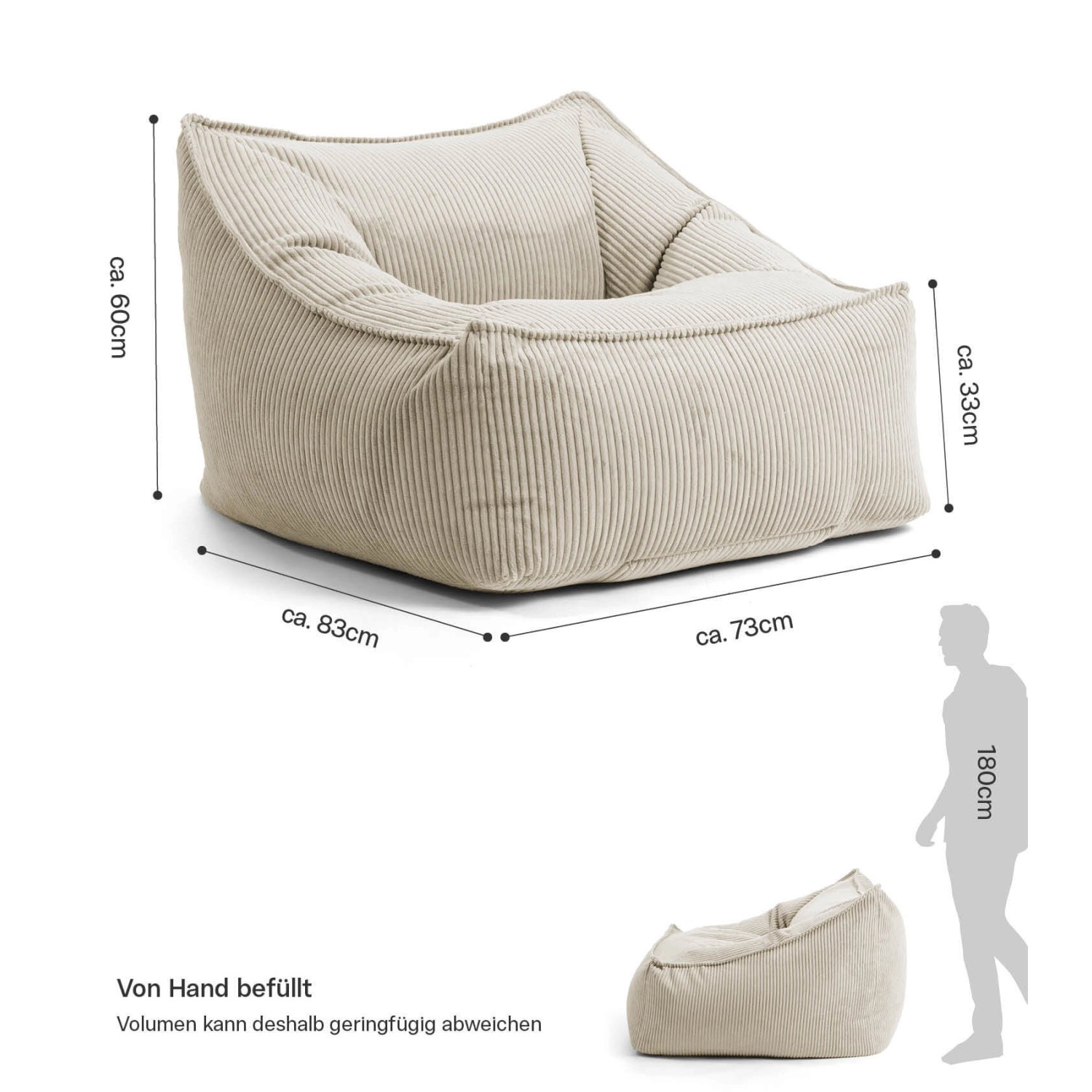 Beiger Cord Sitzsack Sessel „Der Lümmel“ XXL mit Maßangaben, ideal als Gartenstuhl oder Lesesessel.