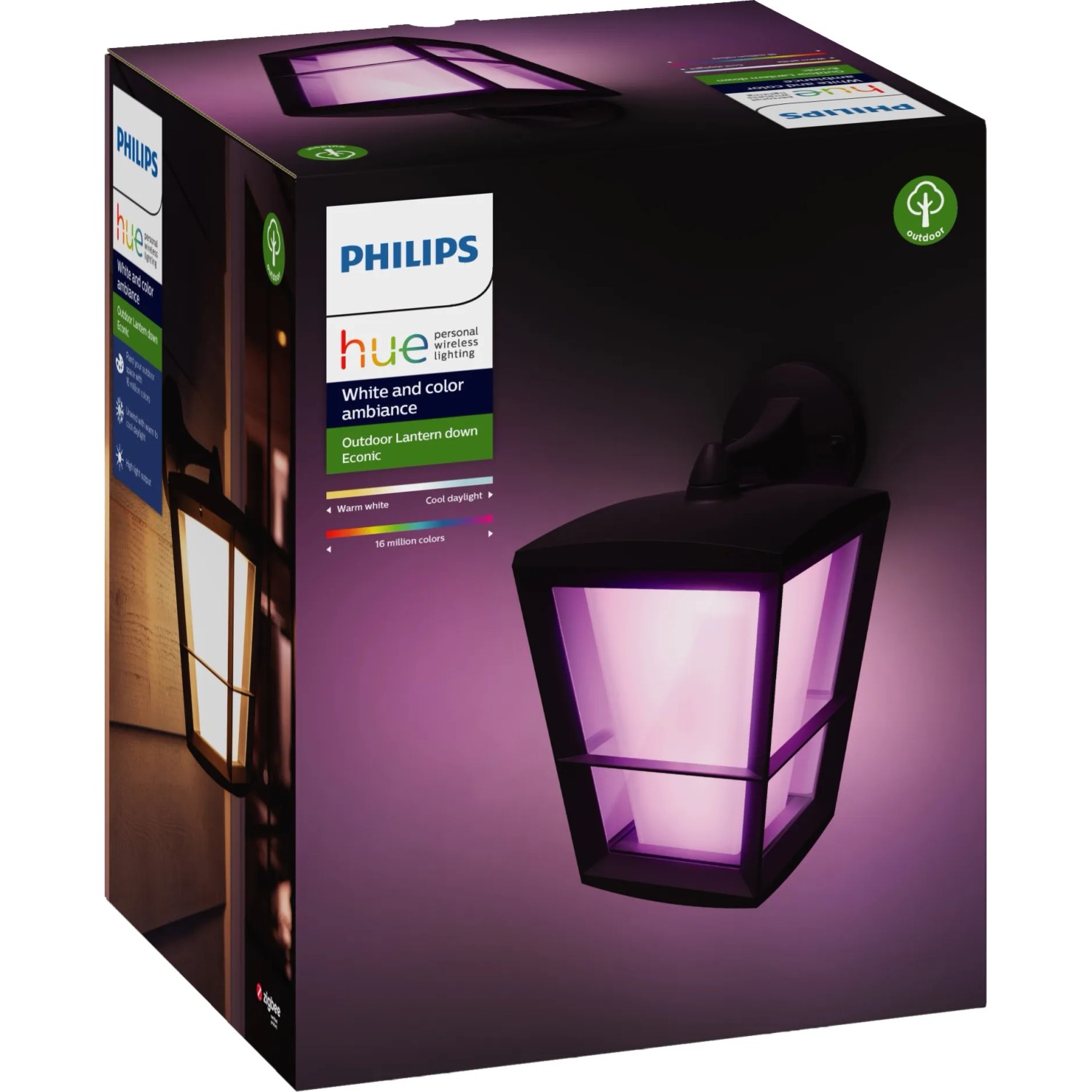 Verpackung der Philips Hue Econic LED-Laternenleuchte hängend für den Außenbereich, Farbe Schwarz.