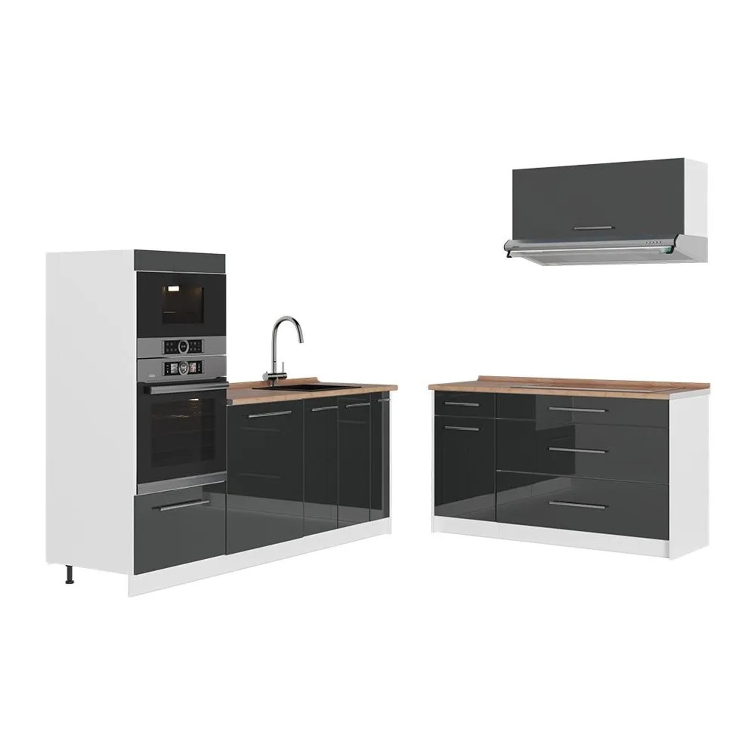 Vicco Küchenzeile Fame-Line Anthrazit Hochglanz/Weiß 340 x 154 AP Eiche Art Nr 63922