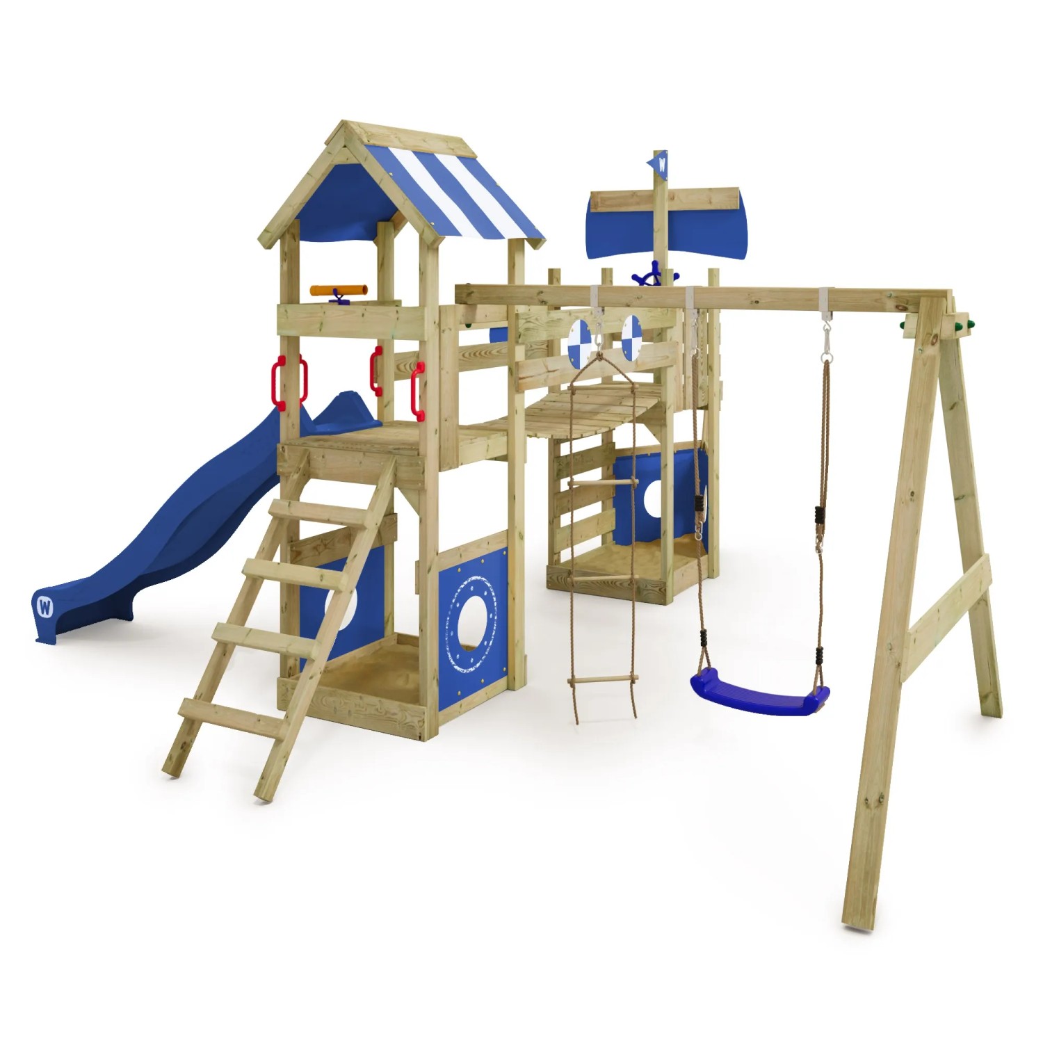 Wickey Spielturm StormFlyer mit Rutsche, Schaukel und Kletterwand in Pastellblau.