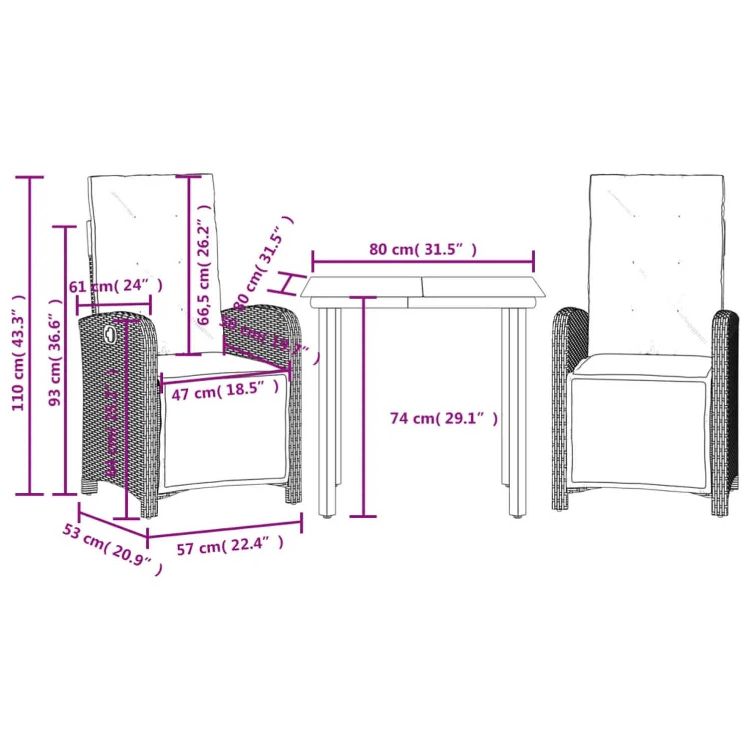 vidaXL Bistro-Set, 3-teilig, beige Poly Rattan, mit Maßen. Gartenmöbel für Balkon und Terrasse.
