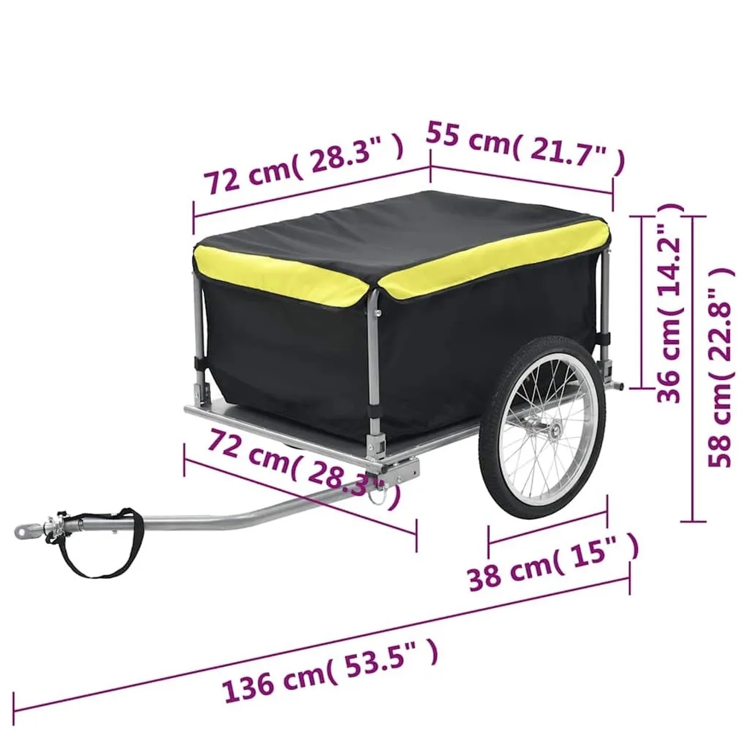 DELUKE Fahrrad Lastenanhänger, schwarz-gelb, bis 65kg. Transportanhänger mit klappbarer Deichsel.