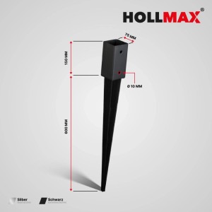 Schwarze HOLLMAX Einschlaghülse/Pfostenträger, pulverbeschichtet, 71mm für Vierkantpfosten, 750mm lang.