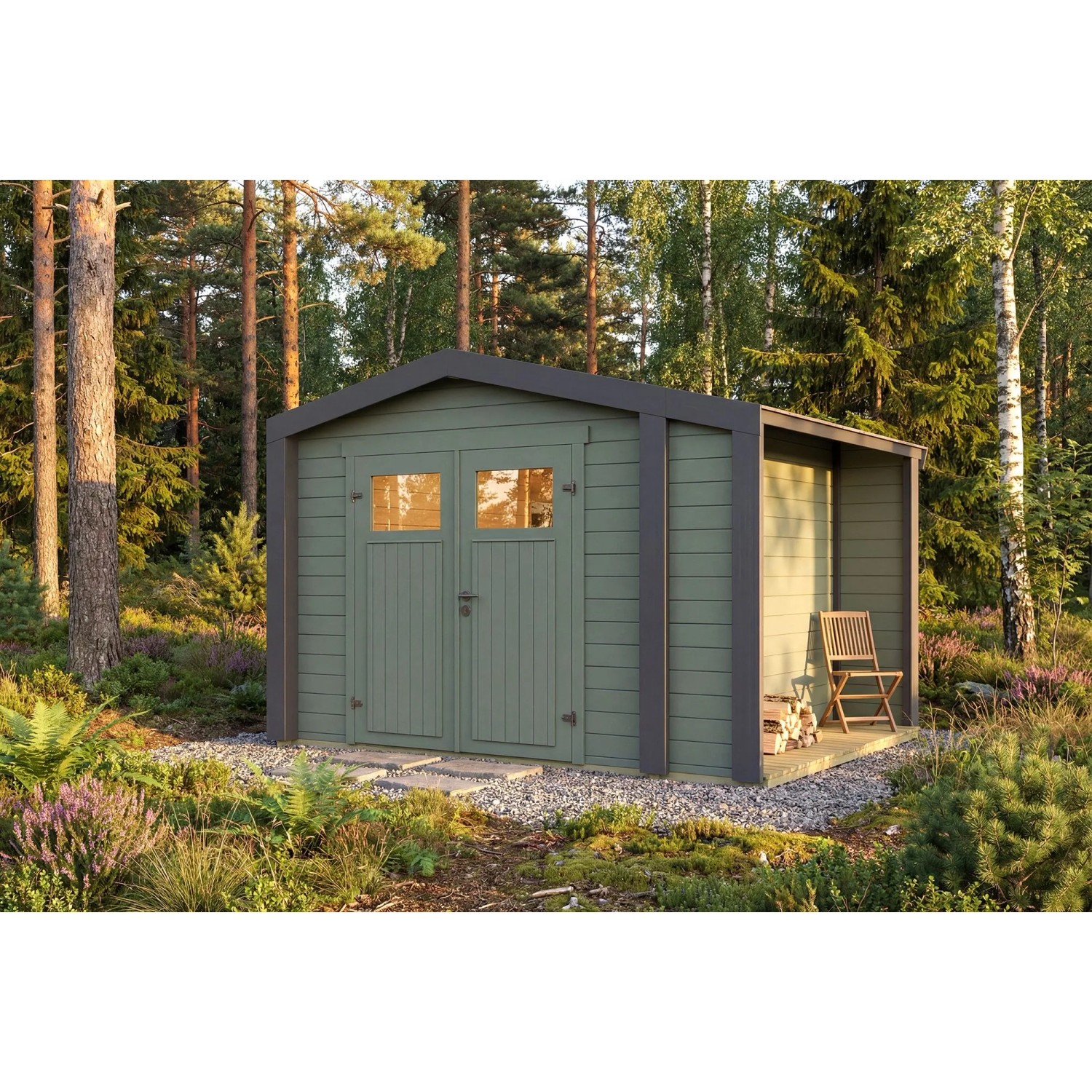 Weka Holz-Gartenhaus Killarney Satteldach Grau-Grün Lasiert 311 cm x 263 cm