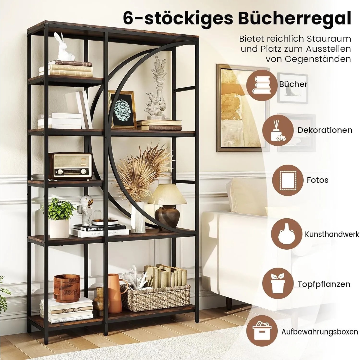 Costway Bücherregal, geometrisch, braun, Holz/Metall, 100x30x177cm, 6-stöckig