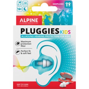Verpackung der Alpine PluggiesKids Ohrstöpsel für Kinder, wiederverwendbarer Gehörschutz.