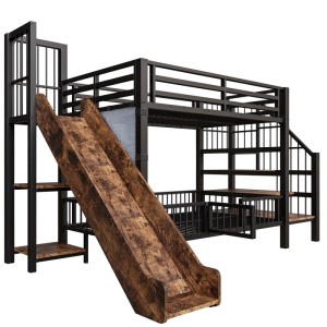 Schwarzes Merax Hochbett 90x200cm aus Metall mit Holzoptik-Rutsche, Sicherheitstreppe und Stauraum.