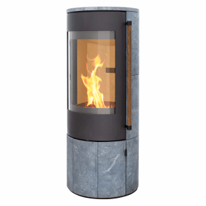 Kaminofen EVO 3.0 von H&M Germany, gussgrauer Stahlkorpus mit Specksteinverkleidung und Panorama-Sichtscheibe.
