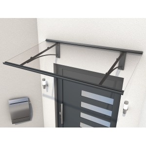 Modernes Gutta Pultvordach PT/GR in Anthrazit, 160 cm breit, mit Acrylglasabdeckung und Regenrinne.