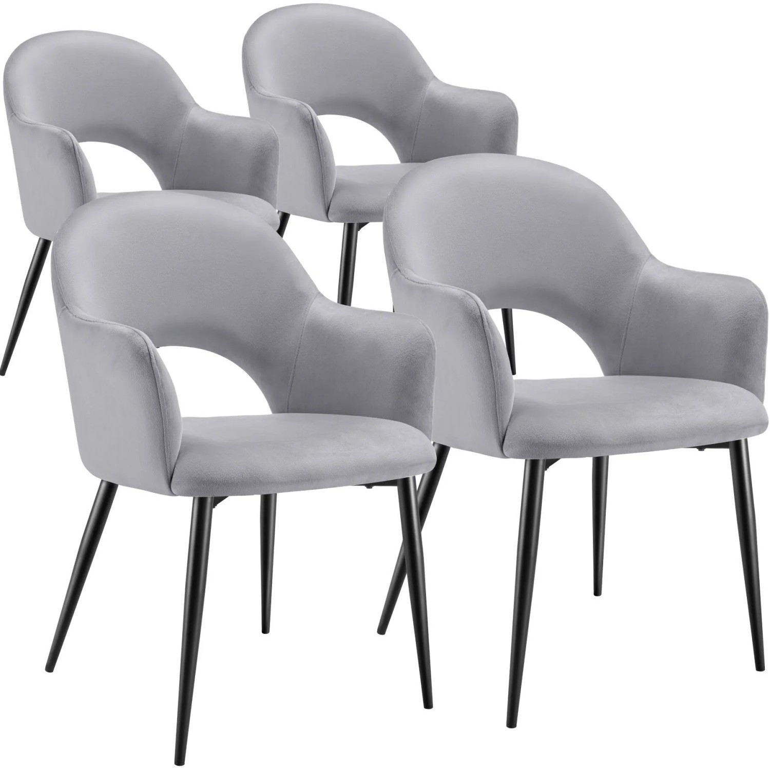 Tectake Armlehnstuhl Sachel In Samtoptik  Gepolstert Durchgehende Lehne 4Er Set 61 50 x 57 x 87 50 cm Hellgrau