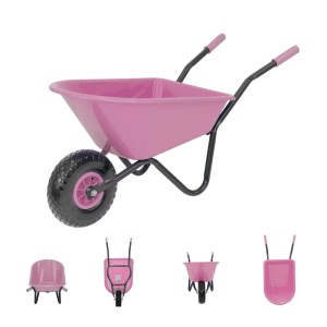 Rosa Kinderschubkarre mit Kunststoffwanne und Vollgummirad für Spiel & Spaß im Garten.