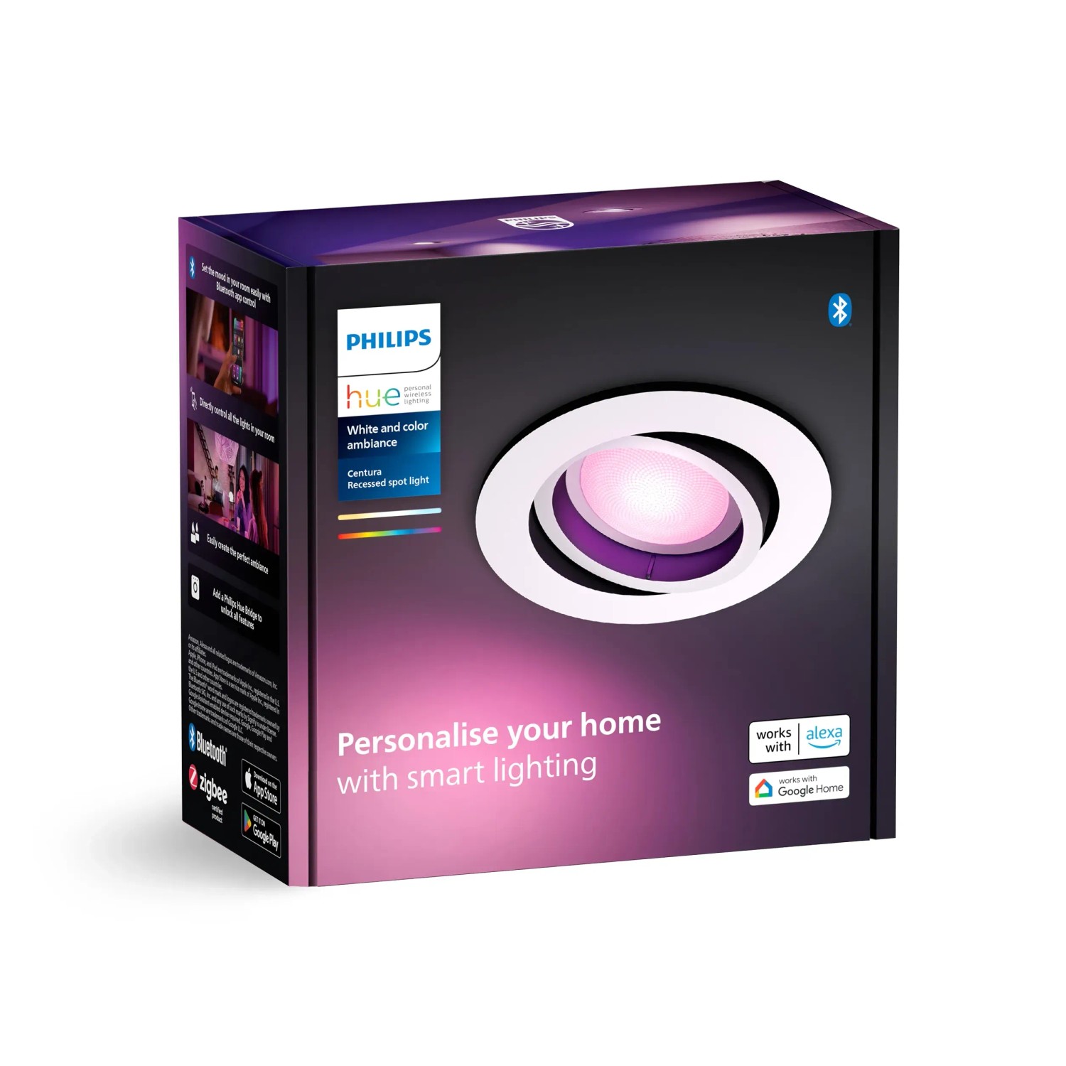 Verpackung des runden, weißen Philips Hue LED-Einbauspots Centura mit Farbfunktion.