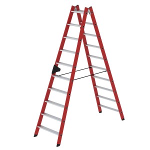 PROREGAL Stufen-Stehleiter, beidseitig begehbar, GFK & Alu, 2x10 Stufen. Rot, mit Aluminiumstufen.